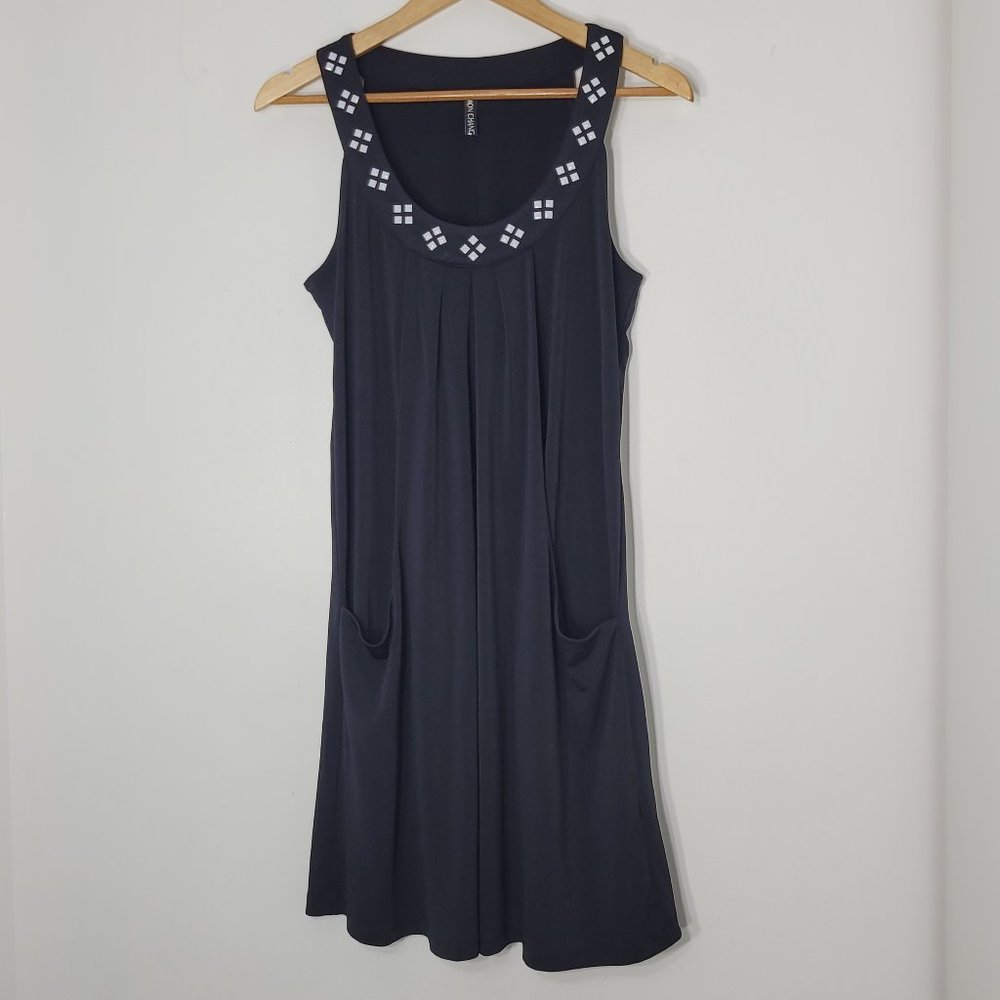 Simon Chang Women's Black Sleeveless Scoop Neck Stretch Pokets Dress Size Small